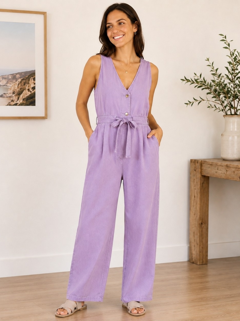 Double Zero Lavender Sleeveless Tie-Waist Wide-Leg Jumpsuit